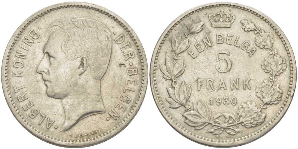 БЕЛЬГИЯ 5 ФРАНКОВ 1930 АЛЬБЕРТ I, DER BELGEN KM 98 никель 3851-314