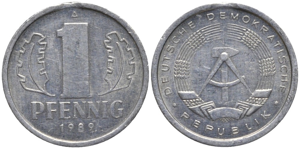 ГДР 1 пфенниг 1989 А, монетный двор Берлин KM 8.2 алюминий 116-537