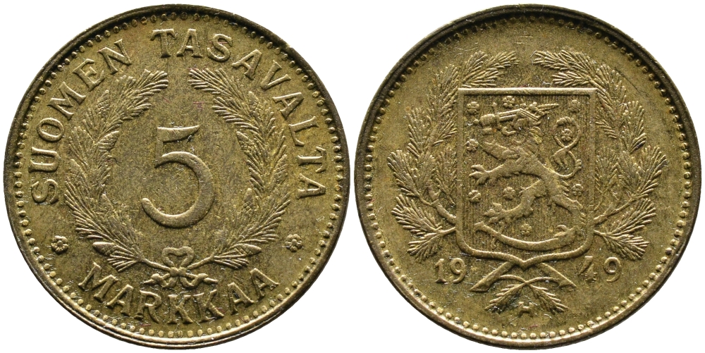 ФИНЛЯНДИЯ 5 МАРОК 1949 WIDE H KM 31а латунь 4388-1033