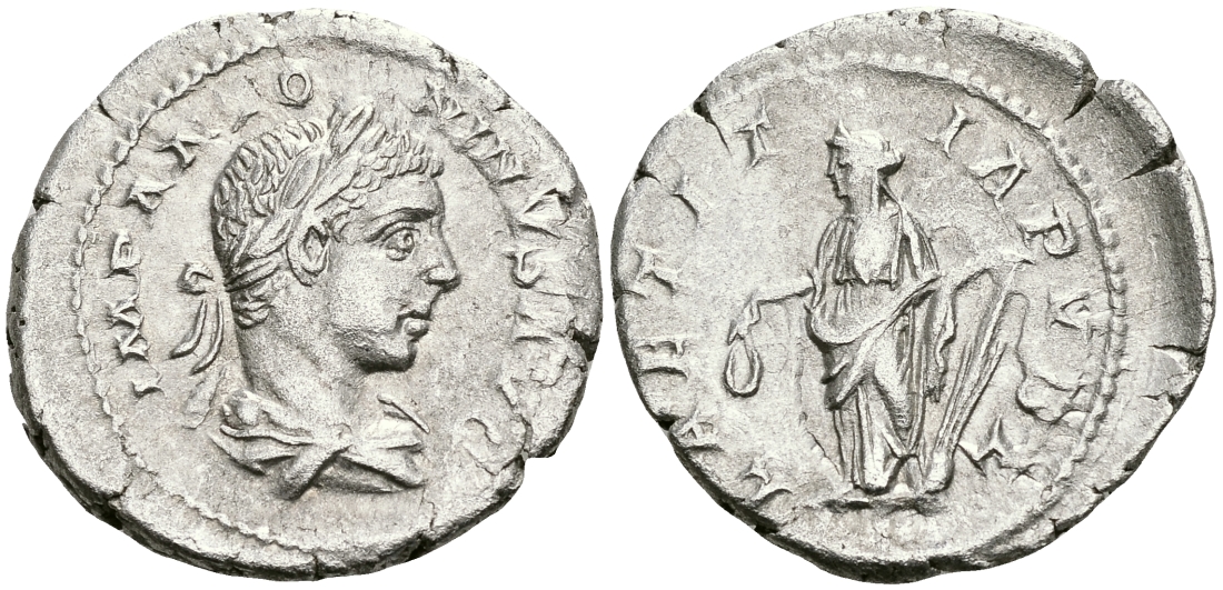 Римская Империя денарий 218 - 222 Элагабал LAETITIA PVBL Летиция, персонификация Счастья Рим Good Very fine RIC 95 серебро 00-00-00
