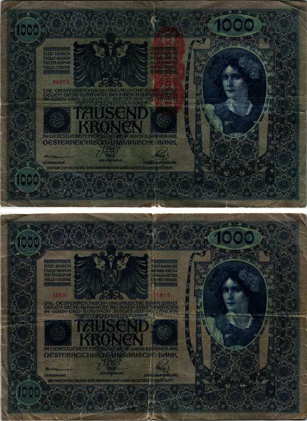АВСТРИЯ 1000 КРОН 1919 КРАСНАЯ ВЕРТИКАЛЬНАЯ НАДПЕЧАТКА НА 1902 Pick 59 бумага 6289-7-1