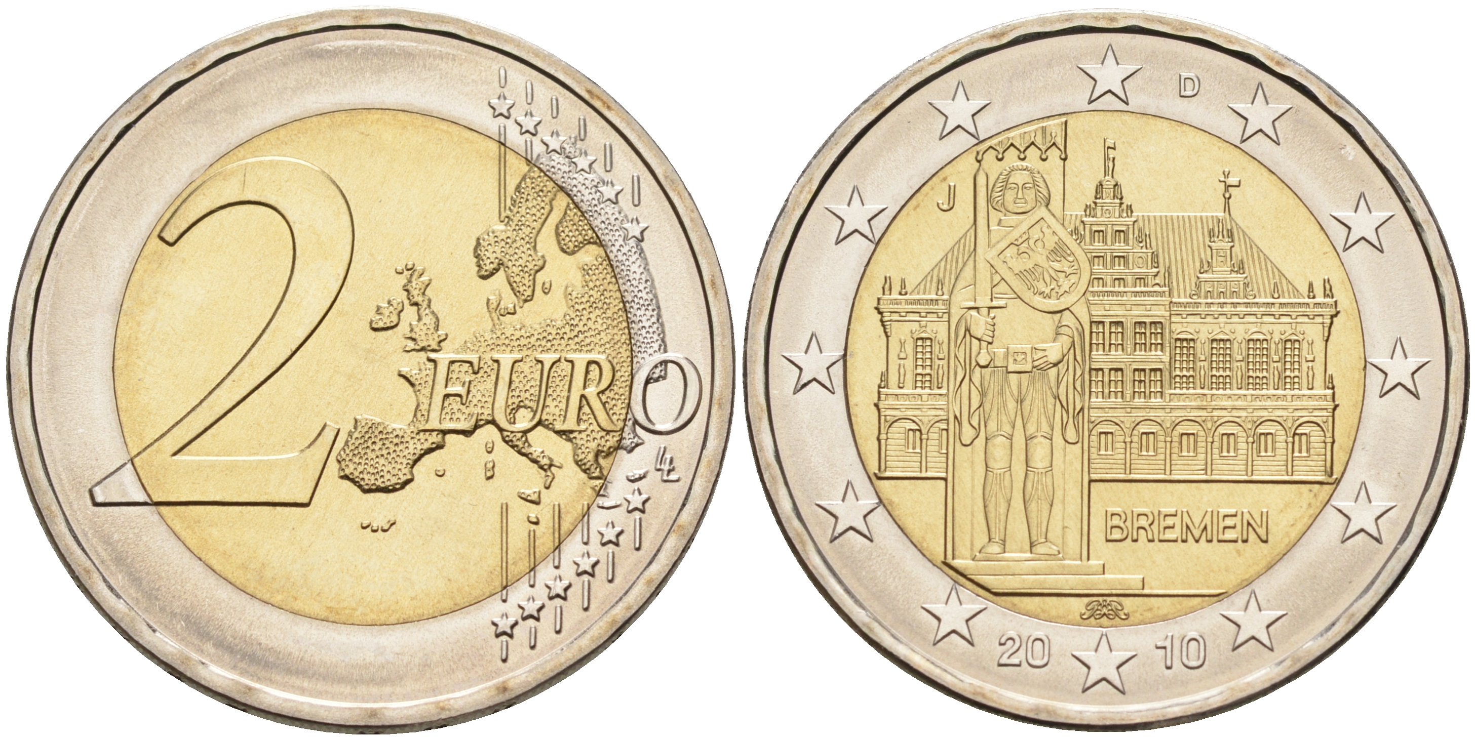 ФРГ 2 евро 2010 J, Бремен, городская ратуша и Роланд, серия Федеральные земли Германии KM 285 биметалл UNC 4592-1214