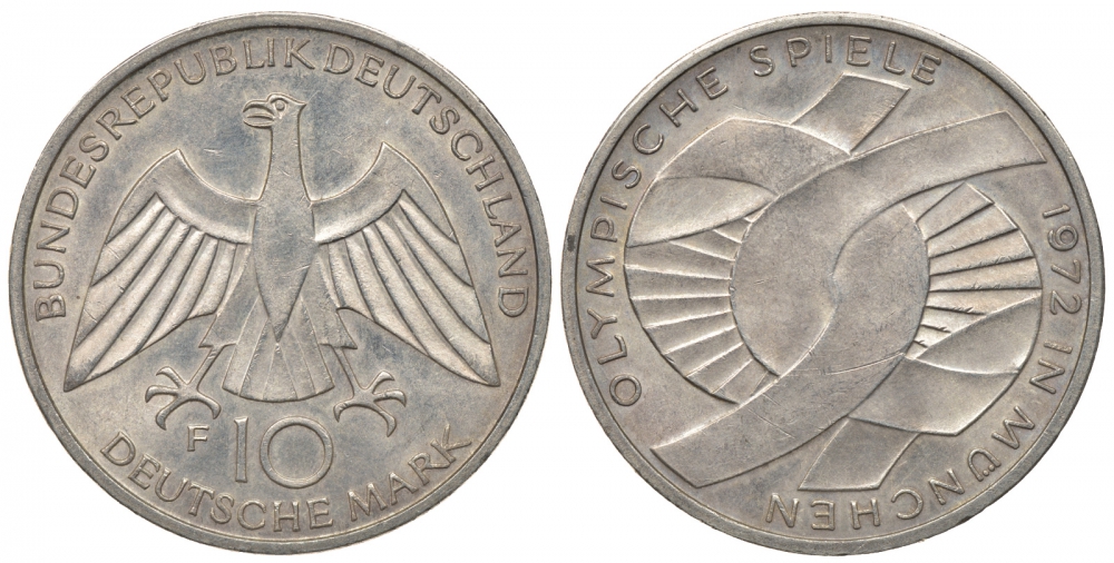 ФРГ 10 марок 1972 F, XX летние Олимпийские игры 1972 года в Мюнхене, символика KM 131, J.402 серебро 413-5135