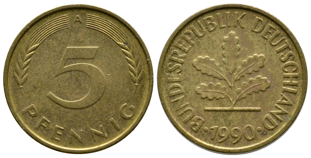 ФРГ 5 ПФЕННИГОВ 1990 A KM 107, J. 382 сталь плакированная латунью 179-1048