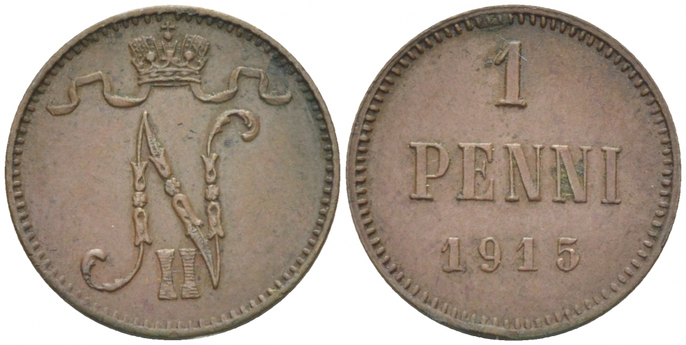 РОССИЯ ДЛЯ ФИНЛЯНДИИ 1 ПЕННИ 1915 НИКОЛАЙ II KM 13, Биткин 475 медь 261-1137