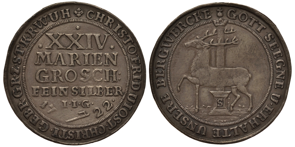 Штольберг 24 мариенгроша 1722 олень Dav. 1000, Friederich 1653 серебро 00-901-02