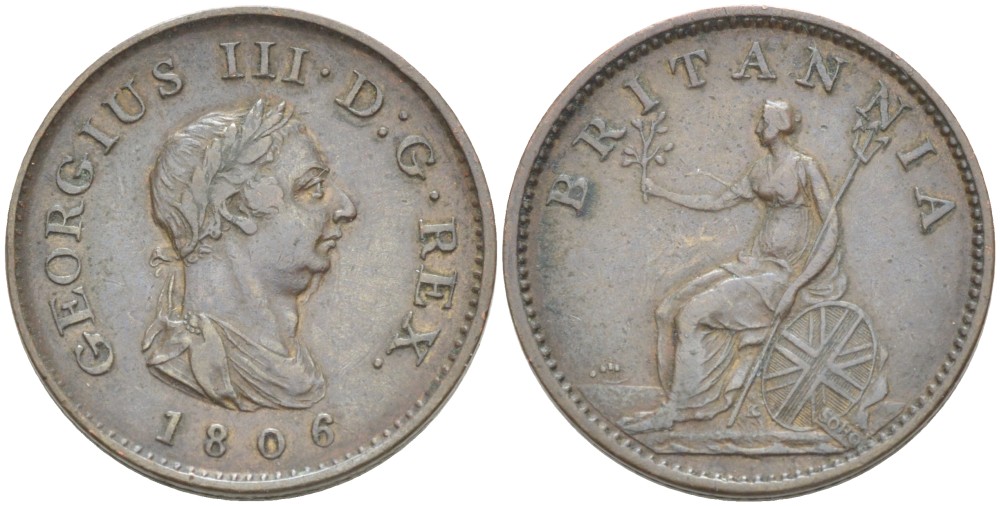 Великобритания 1 фартинг 1806 Георг III (1760-1820) KM 661, Spink 3782 медь 4543-1124