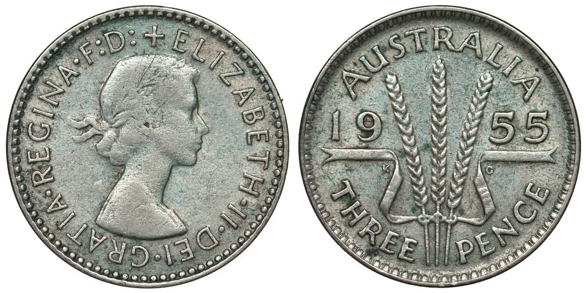 Австралия 3 пенса 1955 m, Елизавета II (1952-2022) KM 57 серебро 71-433