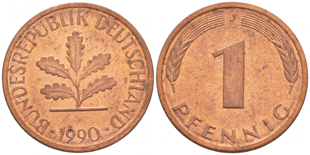 ФРГ 1 ПФЕННИГ 1990 J KM 105, J.380 сталь плакированная медью 4396-1542