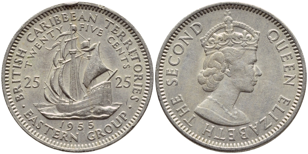 Британские Восточно-Карибские территории 25 центов 1955 Елизавета II (1952-2022), парусник KM 6 медно-никель 76-943