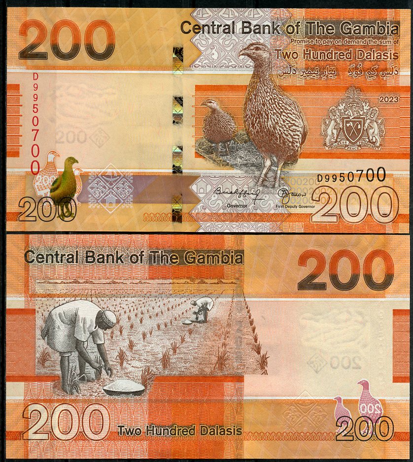 Гамбия 5, 10, 20, 50, 100 и 200 даласи 2023 серия птиц Pick 37, 38, 39, 40, 41, 42  бумага  UNC (пресс) 448-14-1-2