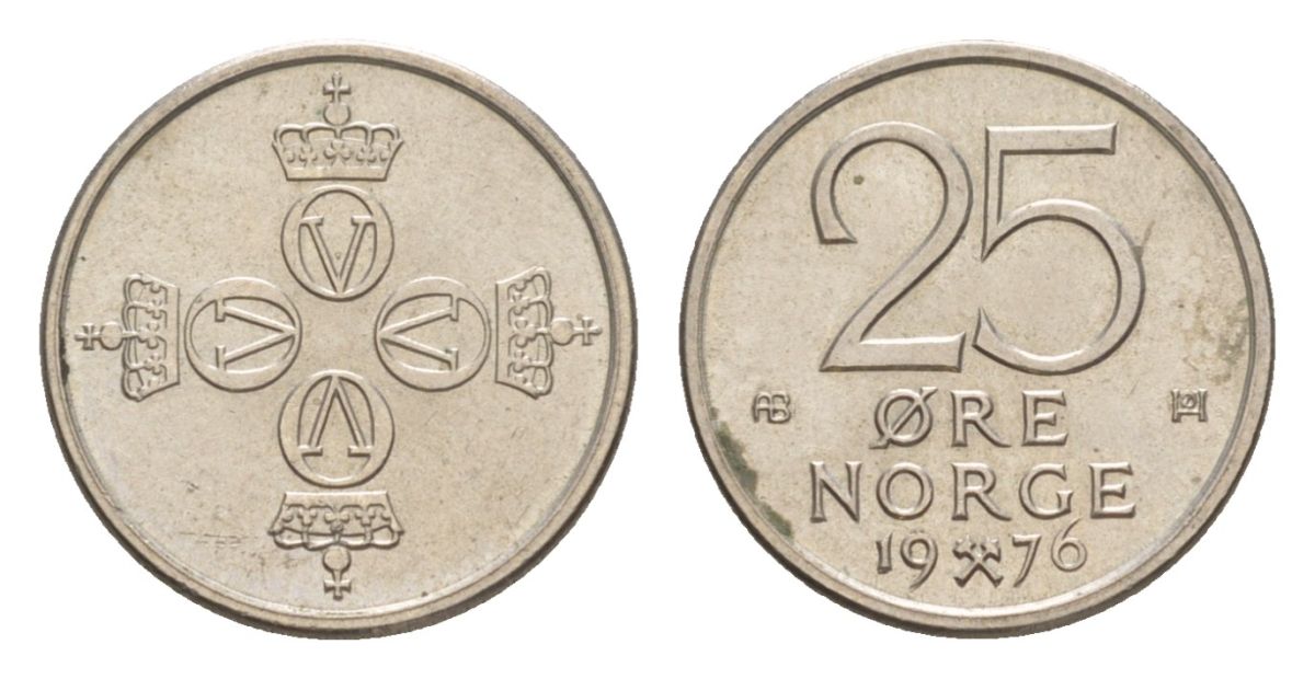 Норвегия 25 эре 1976 Улаф V (1957-1991) KM 417 медно-никель UNC 4632-1249