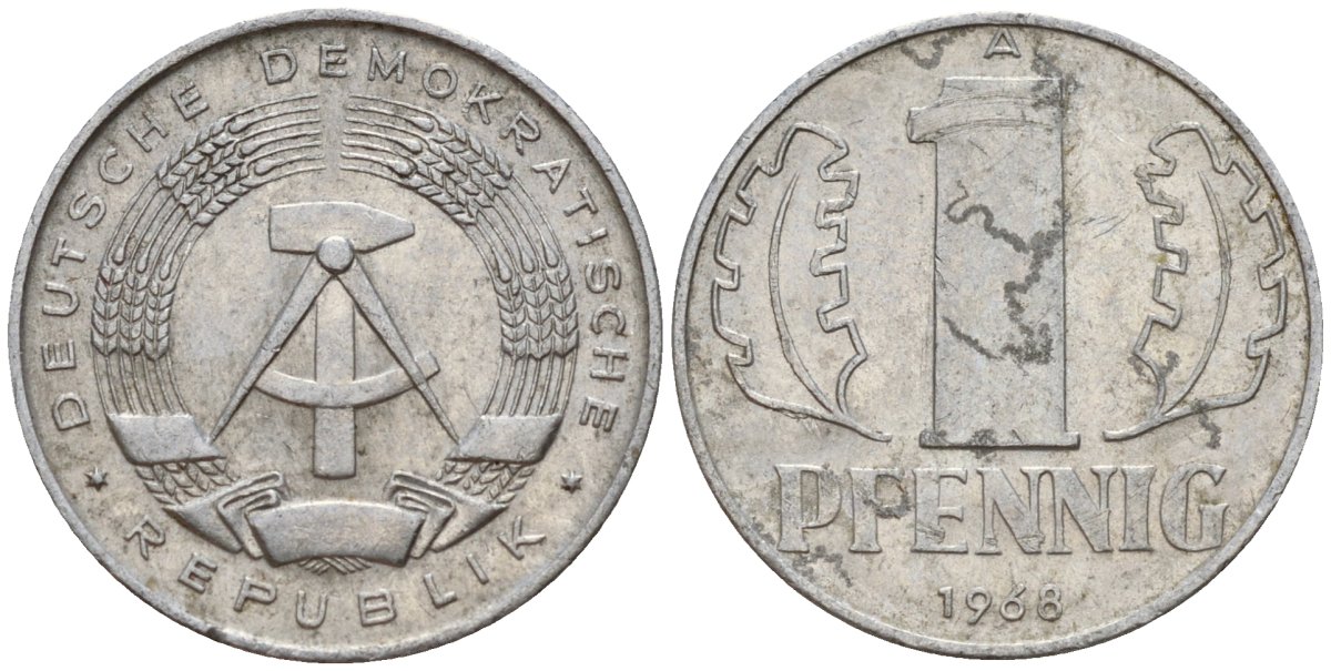 ГДР 1 пфенниг 1968 A KM 8.1 алюминий 100-832