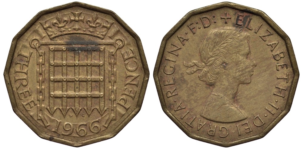 Великобритания 3 пенса 1966 Елизавета II (1952-2022) KM 900, Spink 4153 никель латунь 4538-1132