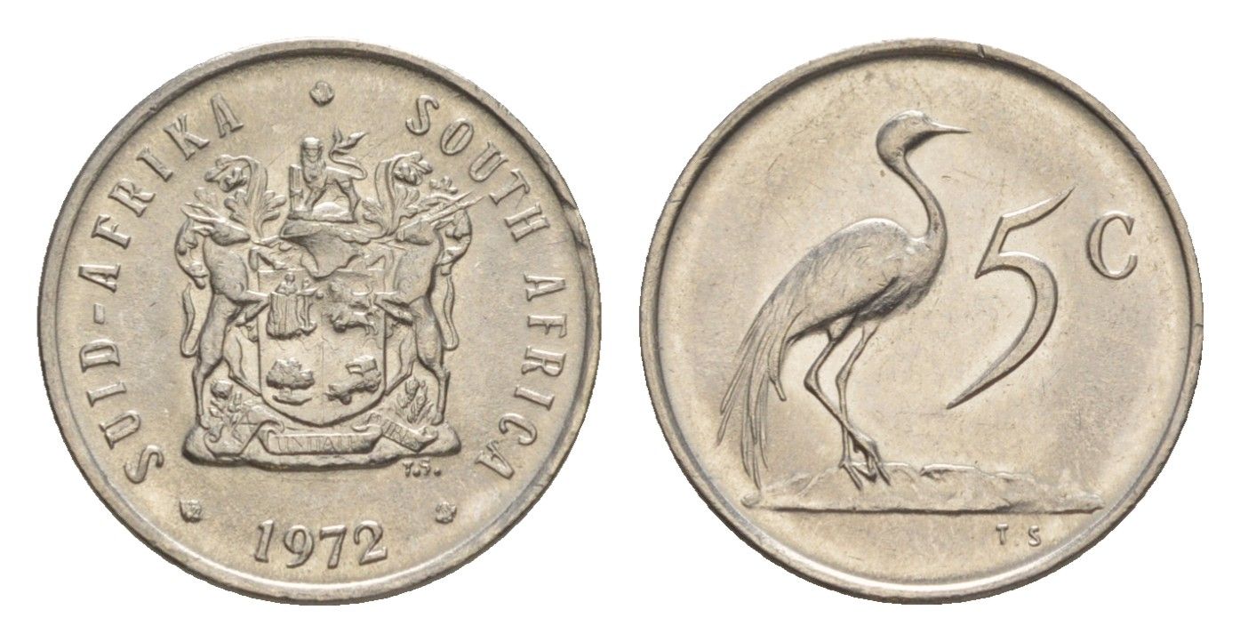 ЮАР 5 центов 1972 герб, райский журавль, редкий год - 3.117.000 экземпляров KM 84 никель UNC 4602-961