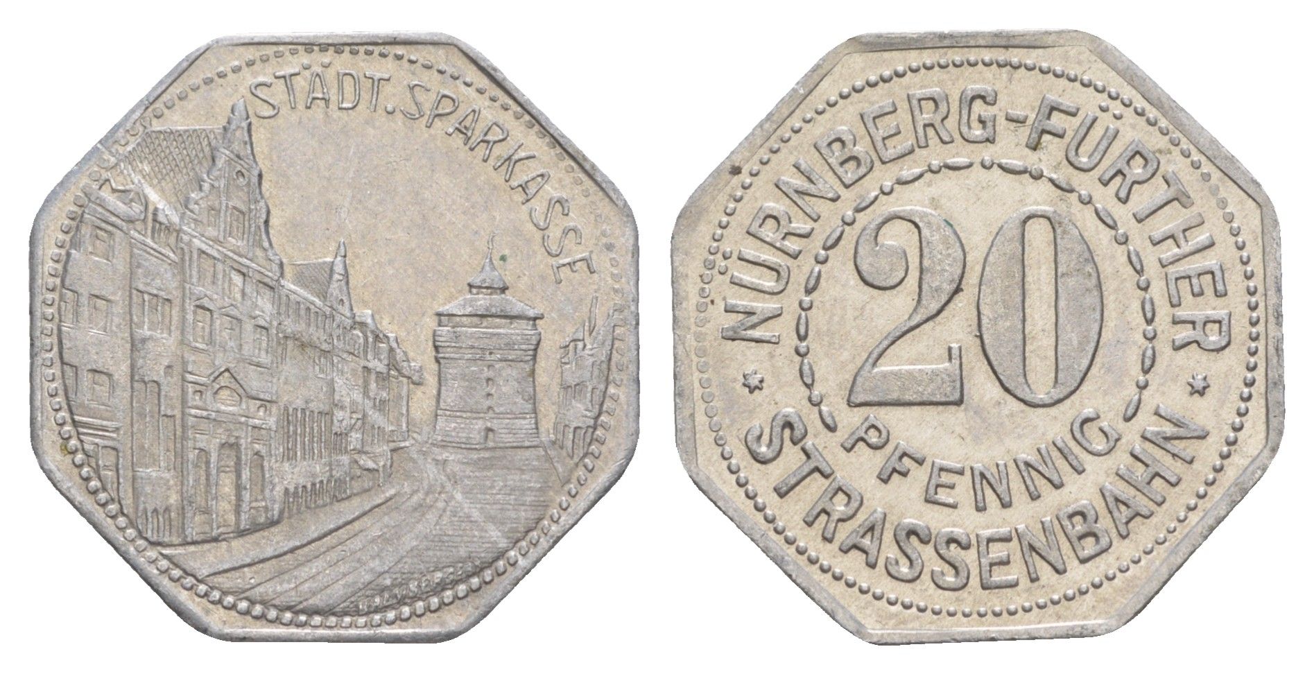 Нюрнберг трамвайный (транспортный) жетон в 20 пфеннигов ND (1920-1921) Нюрнбергский городской сберегательный банк Men05 19256.36, Men18 24102.36 алюминий 4582-1132