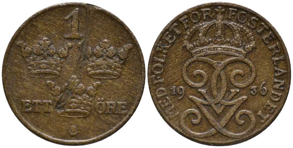 Швеция 1 эре 1936 Густав V (1907-1950), длинная 6 KM 777.2 бронза 201-1134