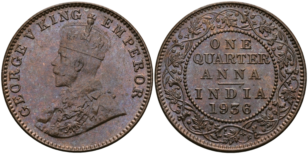 Британская Индия 1/4 анна 1936 Георг V (1910-1936) KM 512 бронза UNC 94-222
