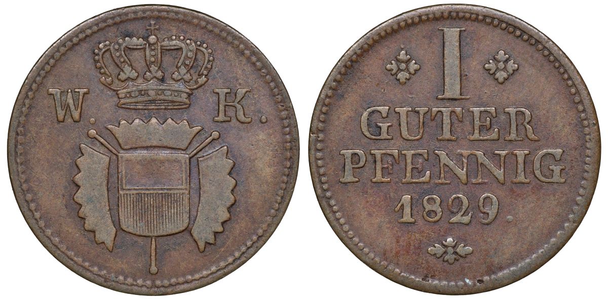 Шаумбург-Гессен-Кассель 1 пфенниг 1829  KM 41 медь    116-935