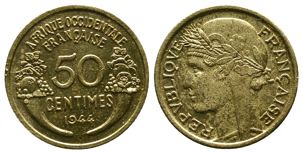 Французская Западная Африка 50 сантимов 1944 редкая KM 1, Lec 1 алюминиевая бронза aUNC 4381-931