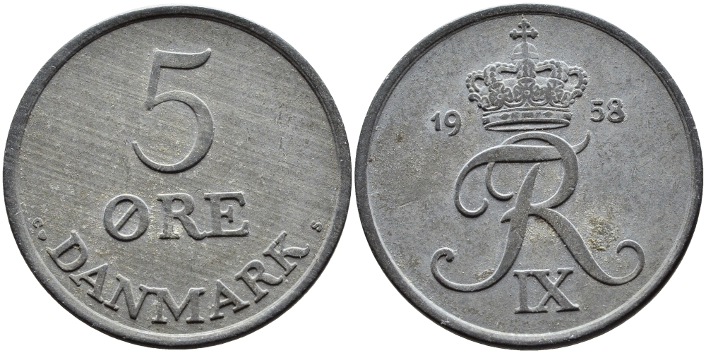ДАНИЯ 5 ЭРЕ 1958 C; S, ФРЕДЕРИК IX (1947-1972) KM 843.2 цинк 4391-1233