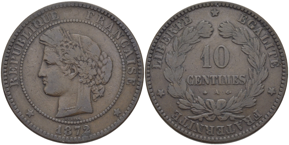 ФРАНЦИЯ 10 САНТИМОВ 1872 A, ТРЕТЬЯ РЕСПУБЛИКА (1871-1940) KM 815.1, LA FRANC 135.8 бронза 97-1034