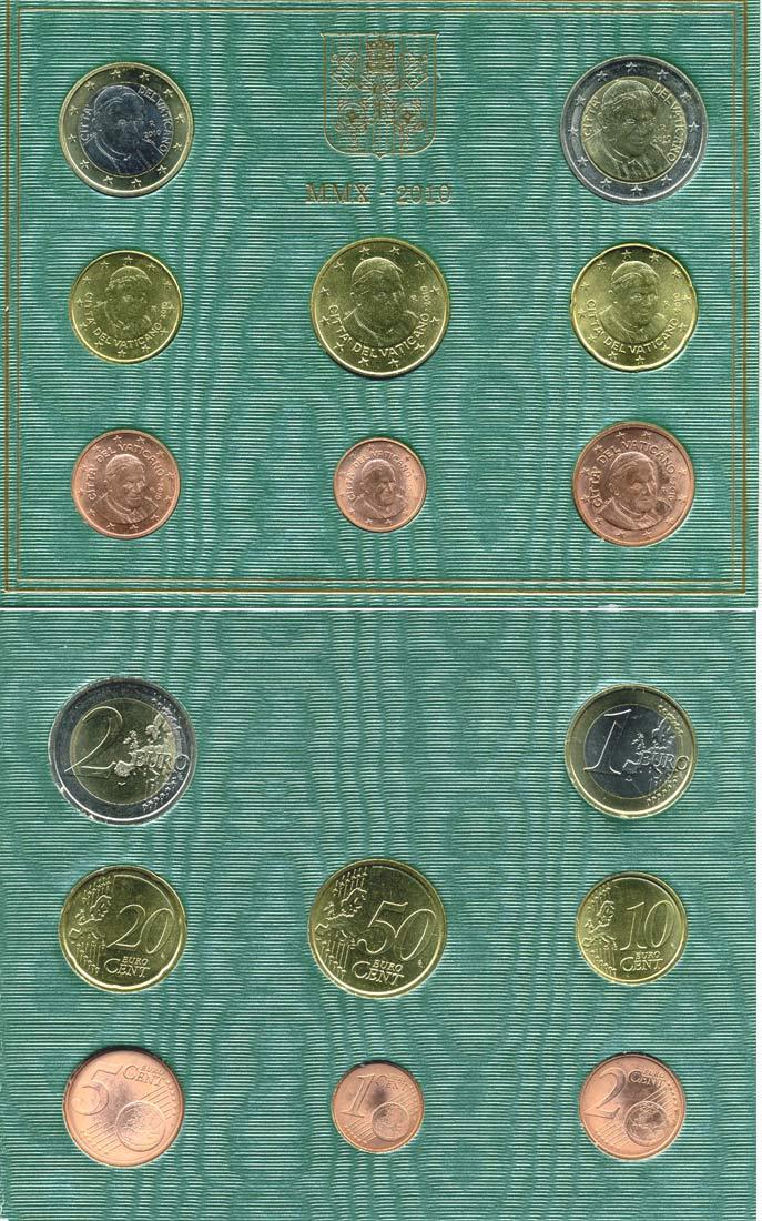 Ватикан евронабор из 8 монет 2010 Бенедикт XVI, в оригинальном буклете KM  MS117 биметалл BUNC 7-1-1-10