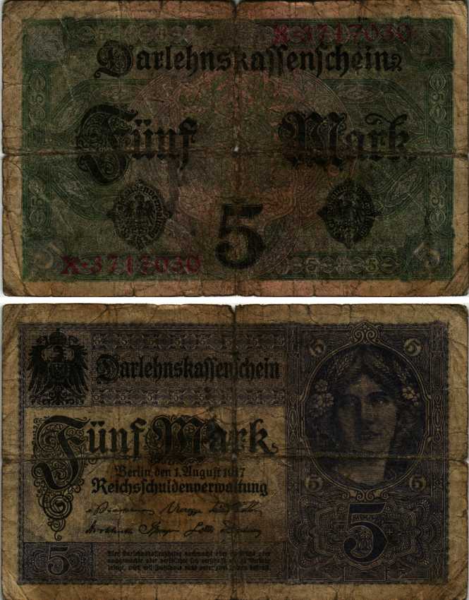 ГЕРМАНИЯ 5 МАРОК 1917 1 АВГУСТА 1917, СЕМЬ ЦИФР В НОМЕРЕ Pick 56a бумага 7183-59-2-1