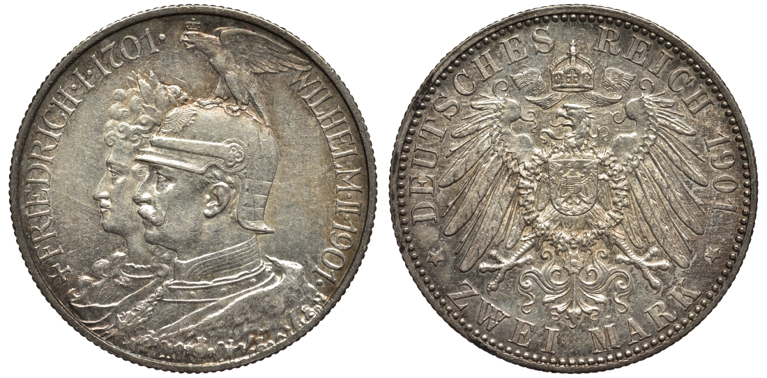 Пруссия 2 марки 1901 A, 200 лет Прусской королевской династии (Фридрих I - Вильгельм II) J.105, Weege 105, KM 525 серебро 02-014-35