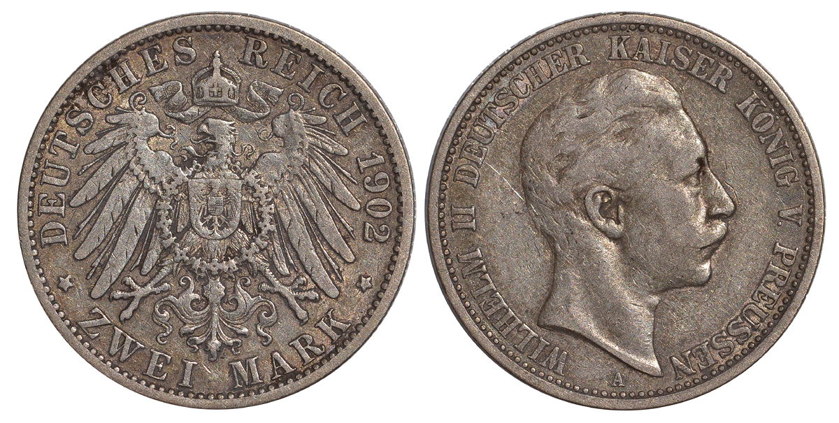 Пруссия 2 марки 1902 A, Вильгельм II (1888-1918) J.102, Weege 101, KM 522 серебро    413-343