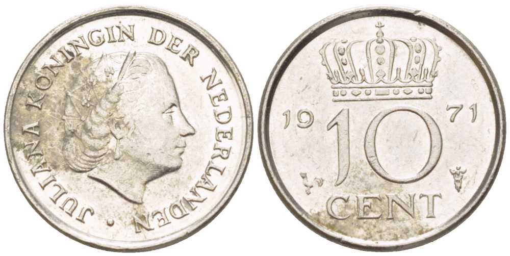 Нидерланды 10 центов 1971 Юлиана (1948-1980) KM 182 никель 214-1255