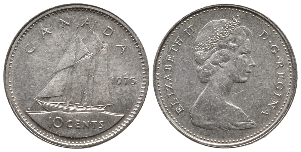 Канада 10 центов 1975 Елизавета II (1952-2022), парусник KM 77.1 никель 73-1731