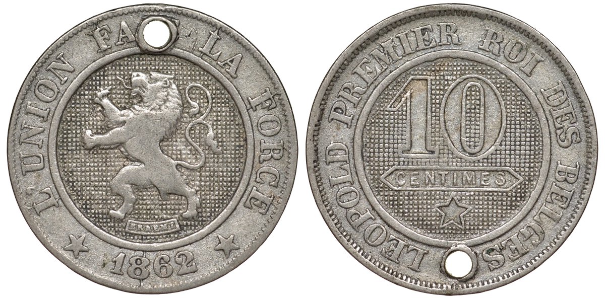 Бельгия 10 сантимов 1862 KM 22 медно-никель 217-556