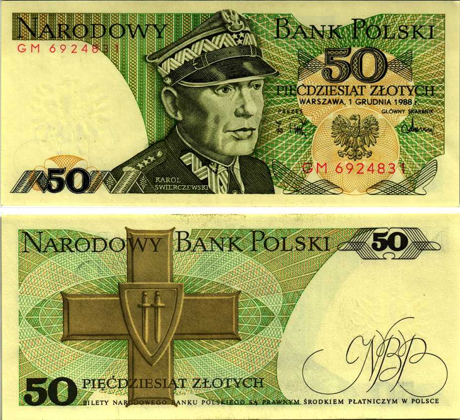 Польша 50 злотых 1988 Кароль Сверчевский, знак Грюнвальдского ордена Pick 142 c бумага UNC (пресс) 8607-69-1-1