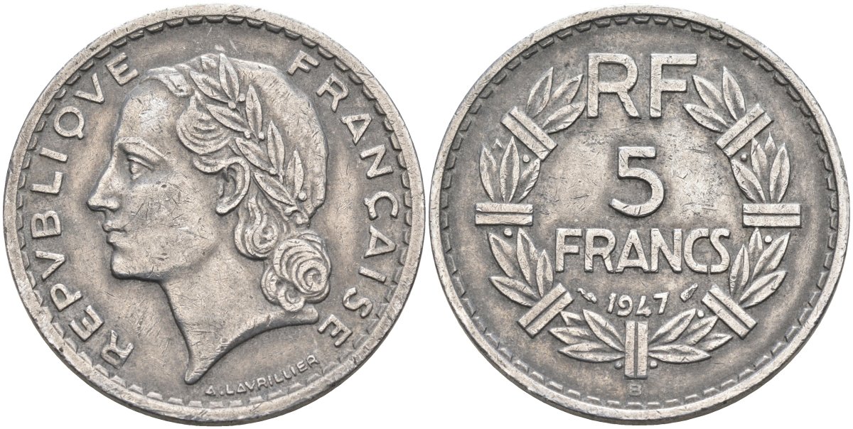 Франция 5 франков 1947 B, открытая 9, тип Лаврийе KM 888b.2, Le Franc 339.11 алюминий 81-136