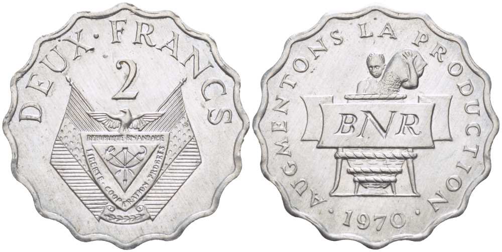 РУАНДА 2 ФРАНКА 1970 FAO KM 10 алюминий 217-823