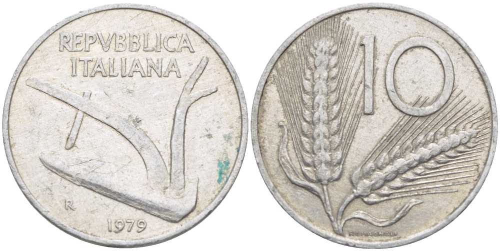 ИТАЛИЯ 10 ЛИР 1979 R, ПЛУГ, КОЛОСЬЯ KM 93 алюминий 175-431