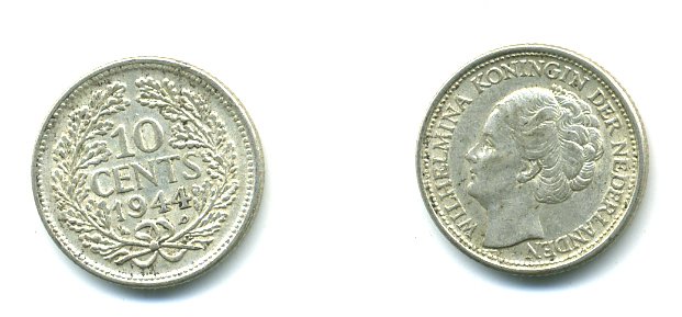 Нидерланды 10 центов 1944 Вильгельмина I (1890-1948) KM 163 серебро 54-1127