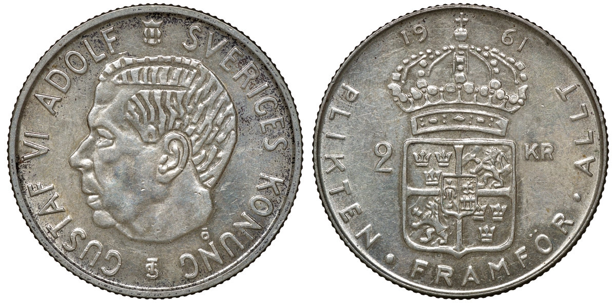 Швеция 2 кроны 1961 TS, Густав VI Адольф (1950-1973) KM 827 серебро 4179-1335