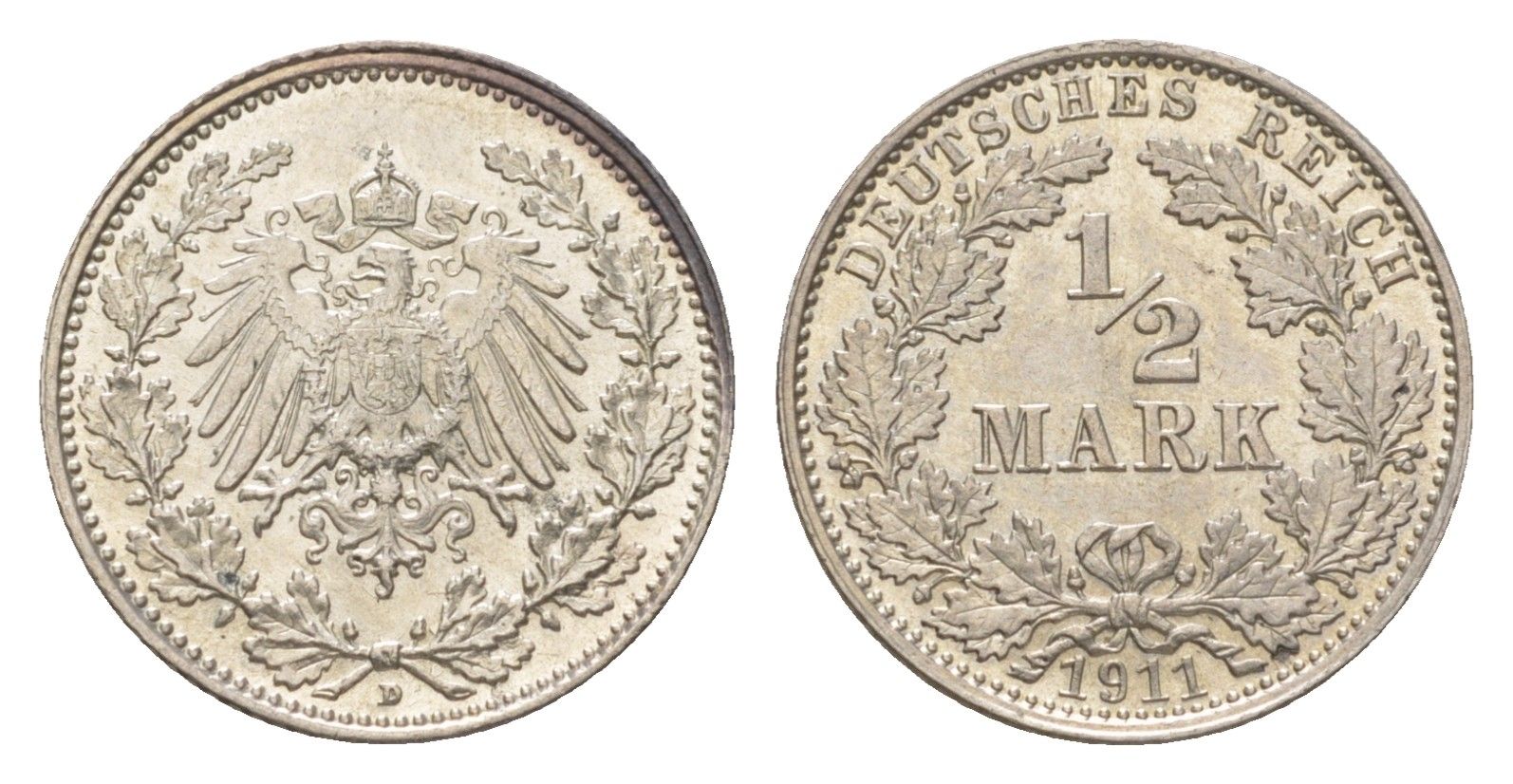 Германия 1/2 марки 1911 D, Вильгельм II (1888-1918) KM 17, J. 16 серебро aUNC 3896-733