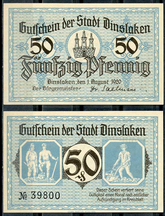 Германия, Динслакен 50 пфеннигов 1920 нотгельд, 1.8.1920 Tieste 1395/03 бумага UNC (пресс) 8614-45-4-2