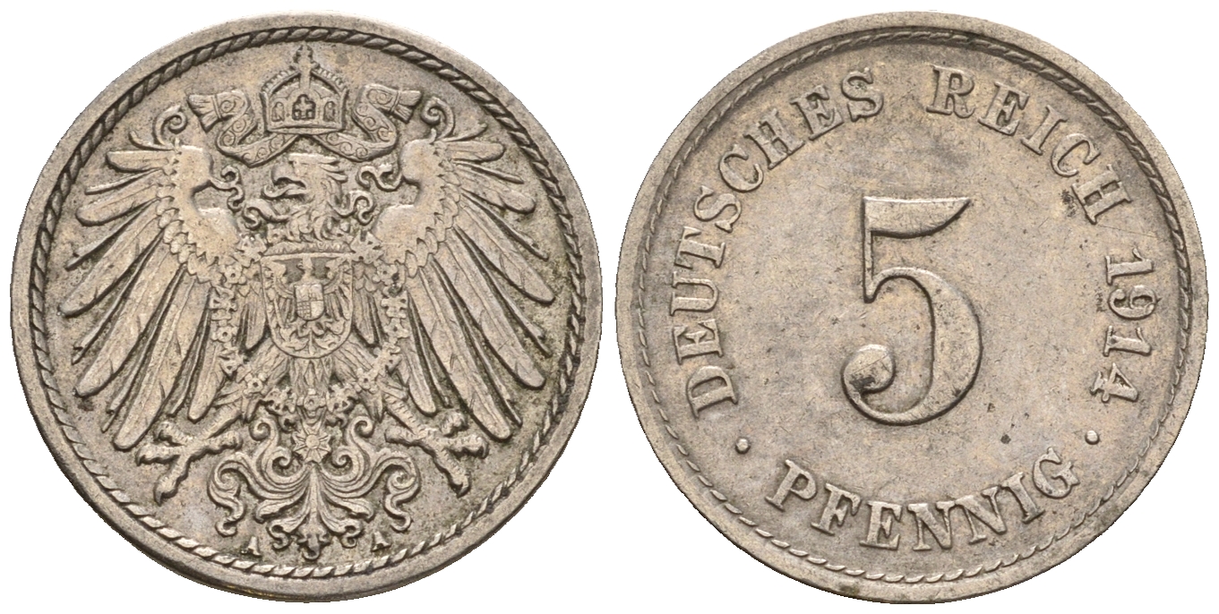 Германия 5 пфеннигов 1914 A, KM 11, J. 12 медно-никель 220-727