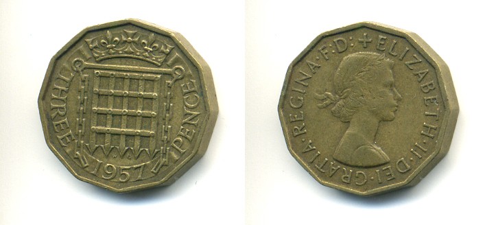 Великобритания 3 пенса 1957 Елизавета II (1952-2022) KM 900, Spink 4153 никель латунь 80-1052