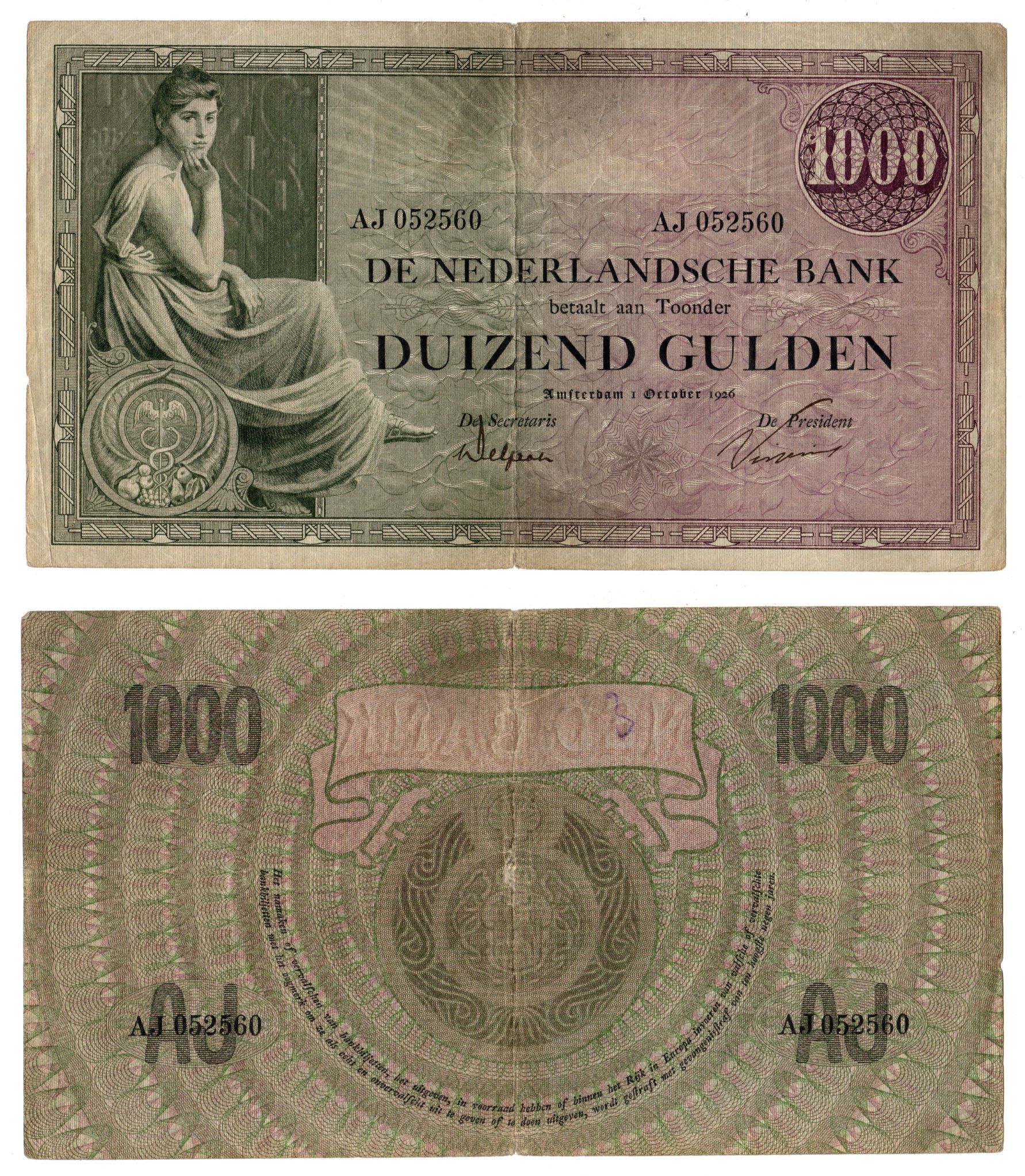 Нидерланды 1000 гульденов 1926 Pick 48 (1) бумага 451-477-1