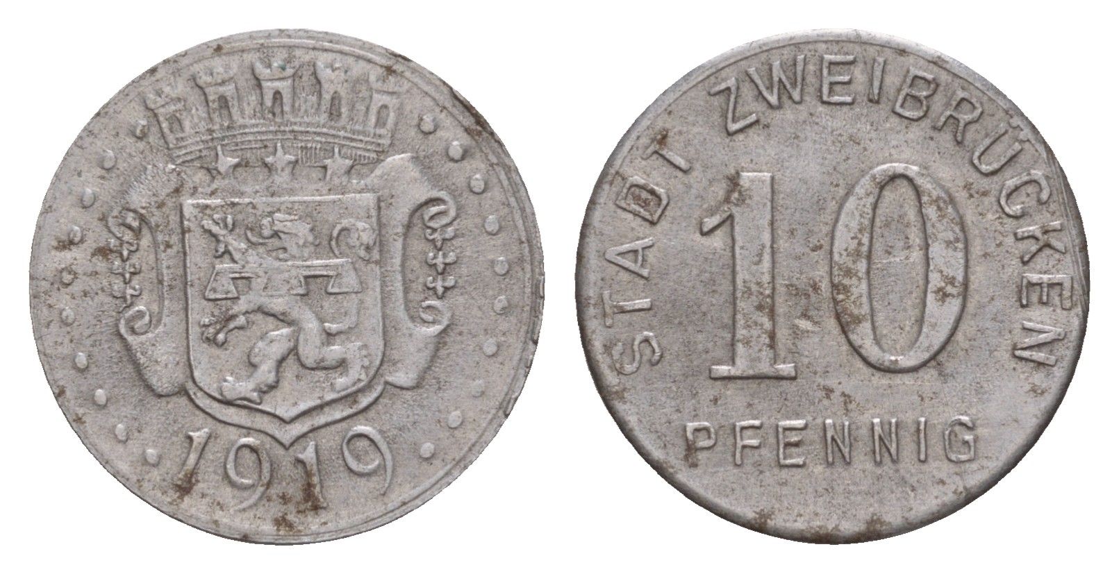 Цвайбрюккен 10 пфеннигов 1919 Funck 630.2, Men05 28182.3, Men18 35439.3 железо 4659-351