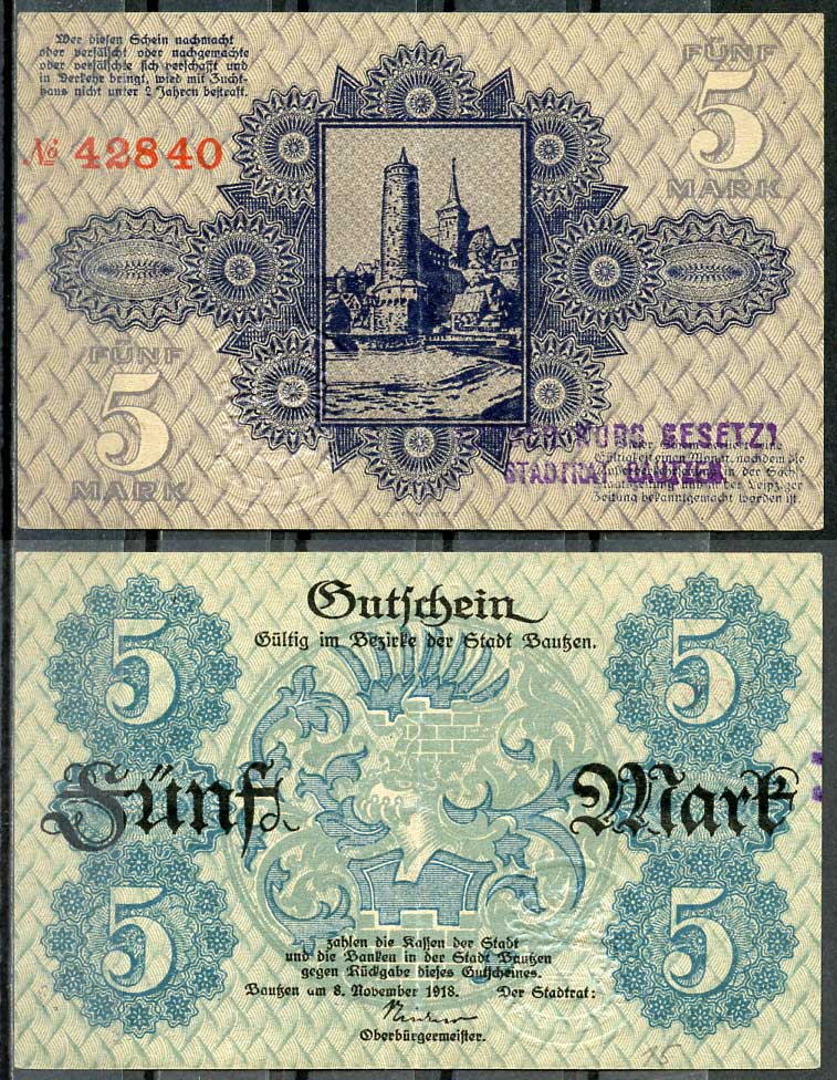 Германия, Баутцен 5 марок 1918 нотгельд, 8.11.1918, цифры широкие Gei.030.01  бумага  UNC (пресс) 444-92-3-2