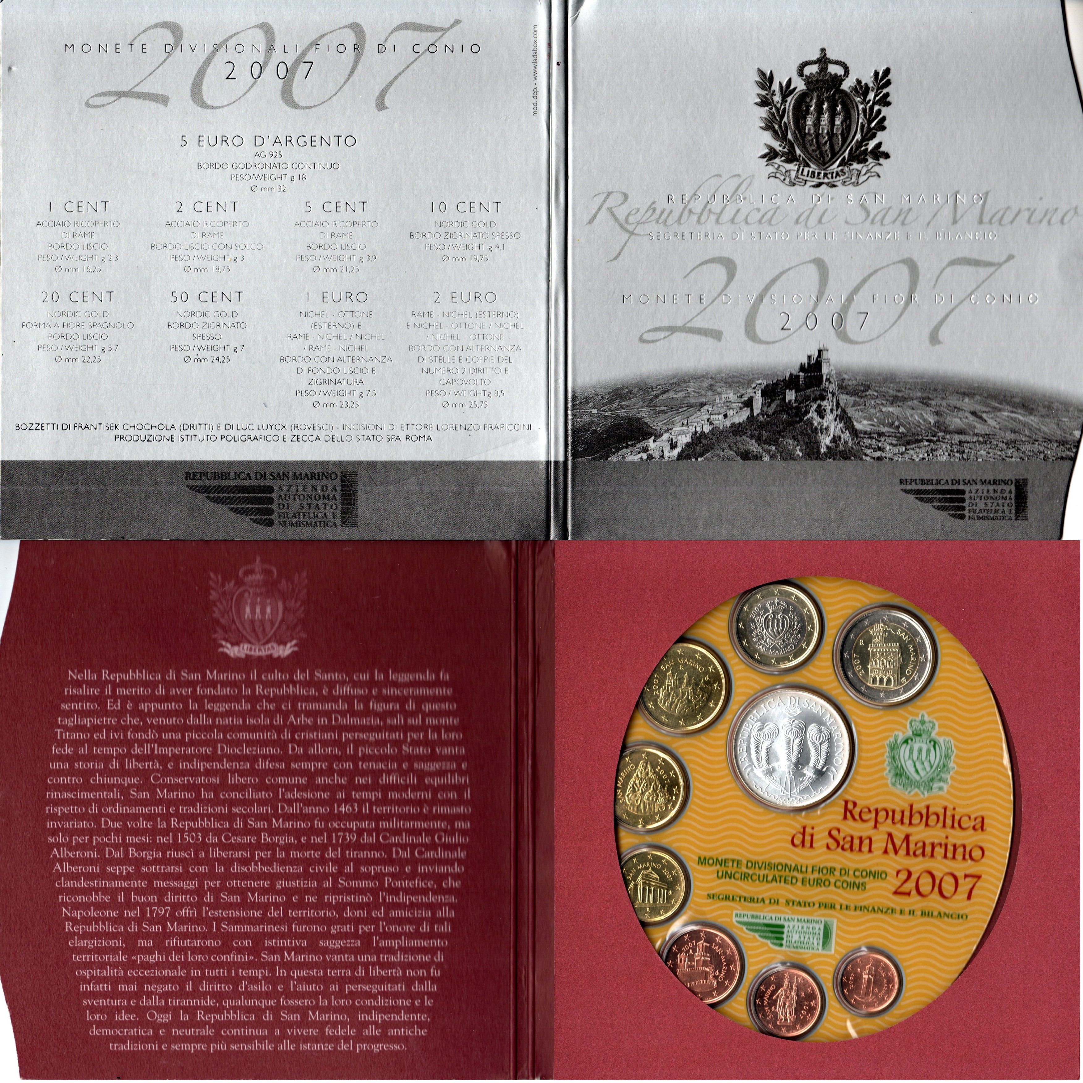 Сан-Марино годовой набор из 9 монет (1, 2, 5, 10, 20 и 50 евроцентов; 1, 2 и 5 евро) 2007 в оригинальном буклете, тираж 70.000 экземпляров KM MS68 (440, 441, 442, 443, 444, 445, 446, 447 и 473) BU 8-2-01-37