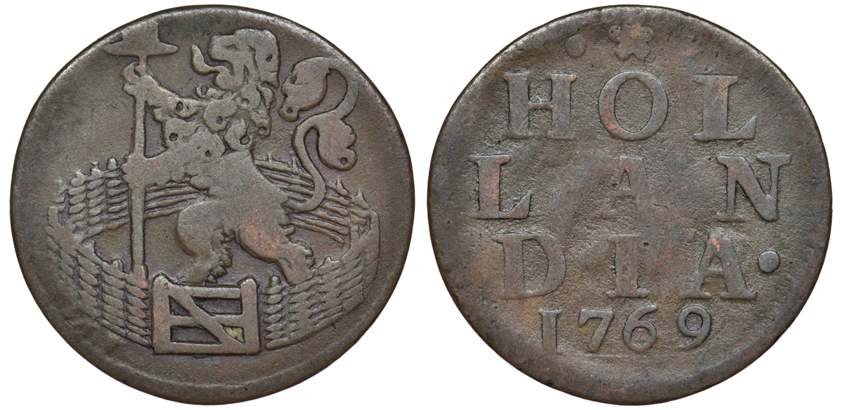 Голландия (Holland), Нидерланды 1 дуит 1769 KM 80 медь 259-445