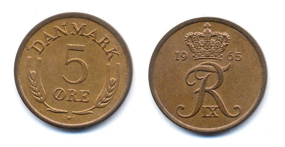 ДАНИЯ 5 ЭРЕ 1965 C; S, ФРЕДЕРИК IX (1947-1972) KM 848.1 бронза UNC 51-4336