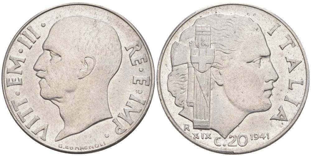 ИТАЛИЯ 20 ЧЕНТЕЗИМО 1941 R, ГОД XIX, ВИКТОР ЭММАНУИЛ III (1900-1946) KM 75b, VEM3. 1028 нержавеющая сталь 3853-1036